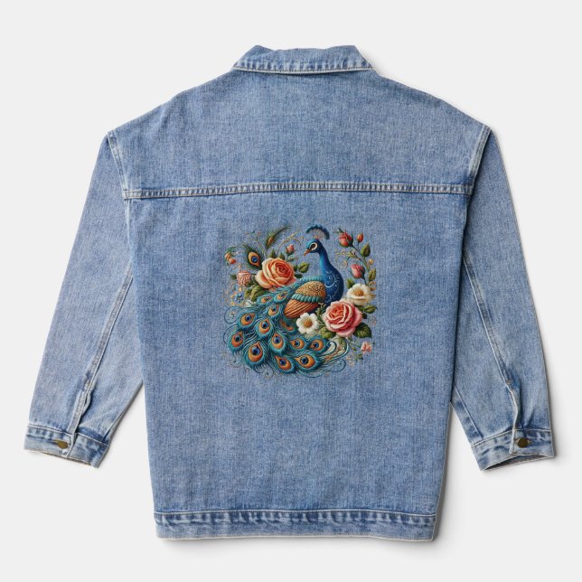 Peacock Bird & Floral Art  Denim Jacket (Back)