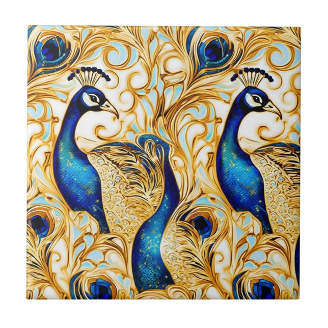 Peacock bird gold blue white art mural wall tile (Front)