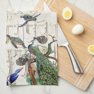 Peacock Bird Kingfisher Sea Turtle French Ephemera Tea Towel
