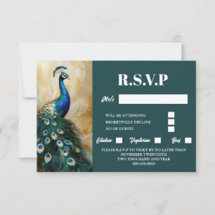 Peacock bird luxury 3D dark teal emerald rsvp Card
