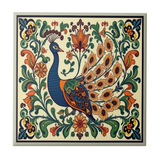 Peacock Bird Morris Morgan Boho  Tile (Front)