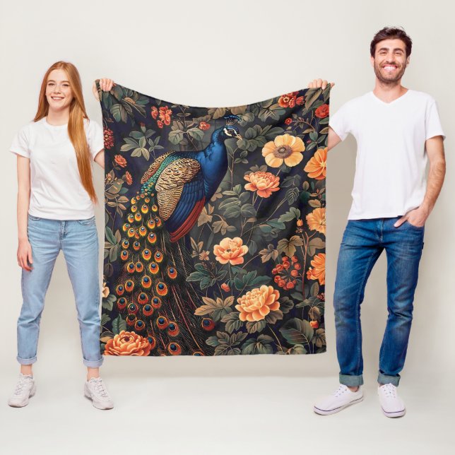 Peacock Bird Vintage Pattern Forest Fleece Blanket (In Situ)