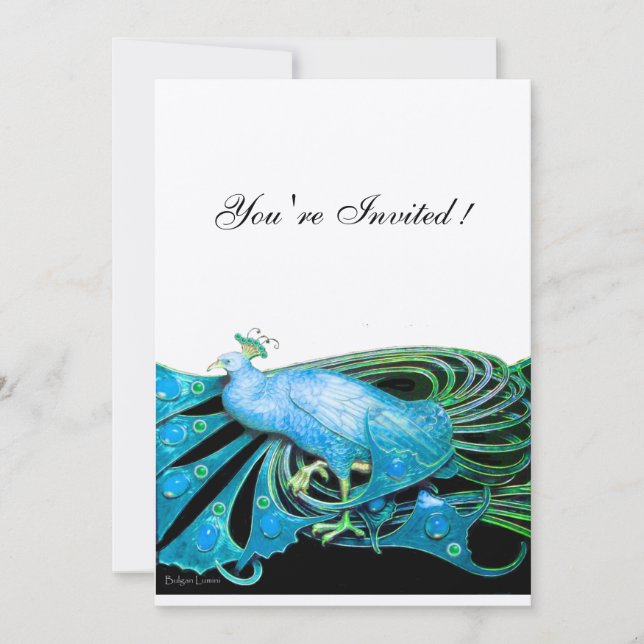 PEACOCK  black ,blue.gold metallic paper Invitation (Front)