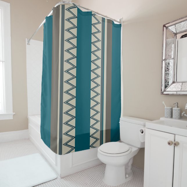 Peacock Blue and Grey Stripes Shower Curtain (In Situ)