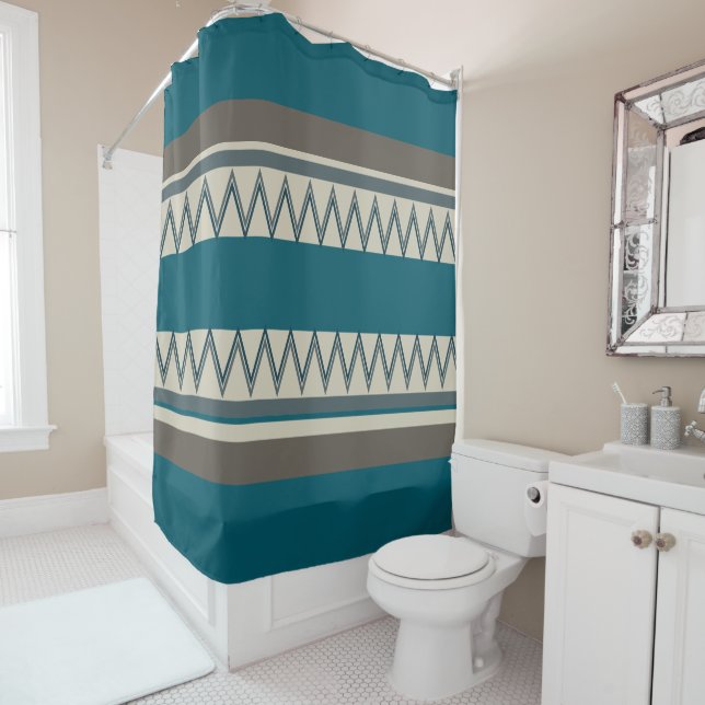 Peacock Blue and Grey Stripes Shower Curtain (In Situ)