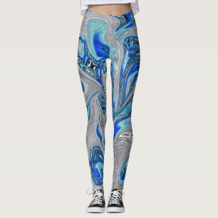 Peacock Blue and Silver Marbled Abstract Leggings