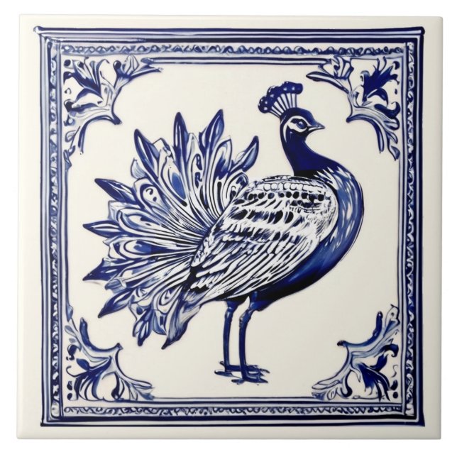 Peacock Blue and White Folk Animal Art Tile (Front)