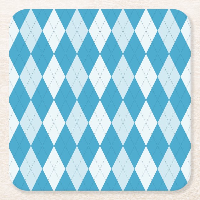 Peacock Blue Argyle Small Diamond Shape Square Paper Coaster (Front)