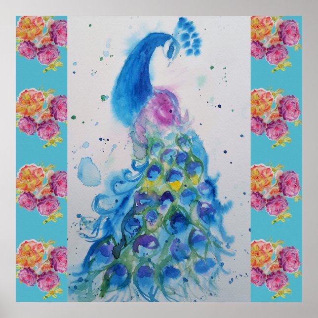 Peacock Blue Bird Watercolor Aqua Rose Poster (Front)