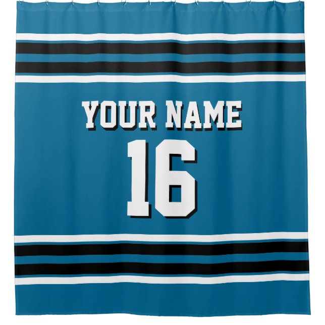 Peacock Blue Black White Stripes Sports Jersey Shower Curtain (Front)