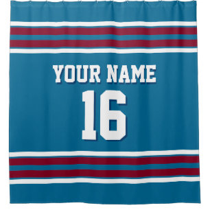 Peacock Blue Burgundy White Stripes Sports Jersey Shower Curtain