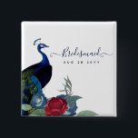 Peacock Blue Burgundy Winter Fall Wedding 15 Cm Square Badge<br><div class="desc">Beautiful Peacock with Teal and blue, burgundy flowers, sage green leaves feature on this fall, autumn, winter wedding items. Part of a larger collection that includes budget wedding invitations, save the dates, RSVPs, thank you photo cards, bridal and wedding party gifts, and more. For a detailed FREE winter wedding planning,...</div>