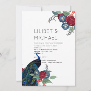 Peacock Blue Burgundy Winter Fall Wedding Budget Invitation