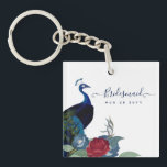 Peacock Blue Burgundy Winter Fall Wedding Key Ring<br><div class="desc">Beautiful Peacock with Teal and blue, burgundy flowers, sage green leaves feature on this fall, autumn, winter wedding items. Part of a larger collection that includes budget wedding invitations, save the dates, RSVPs, thank you photo cards, bridal and wedding party gifts, and more. For a detailed FREE winter wedding planning,...</div>