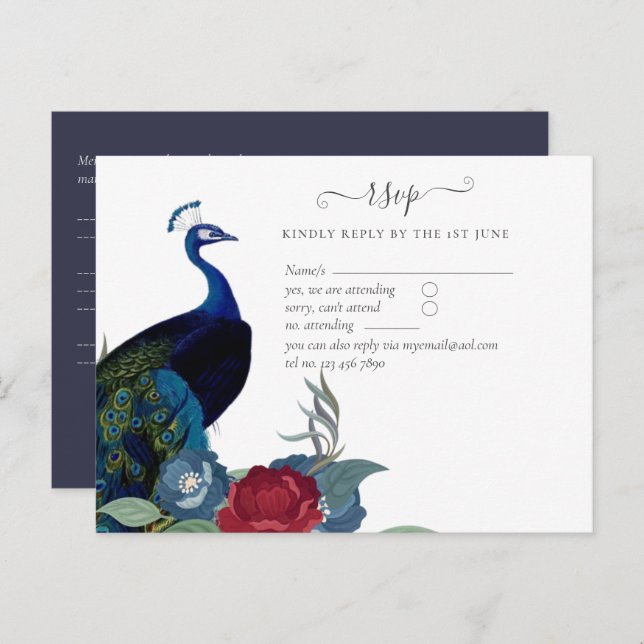 Peacock Blue Burgundy Winter Fall Wedding Postcard (Front/Back)