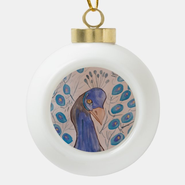 Peacock Blue Ceramic Ball Christmas Ornament (Front)