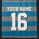 Peacock Blue Charcoal Sports Jersey Preppy Stripe Shower Curtain<br><div class="desc">Preppy Striped Team Jersey / Sports Jersey / Football Jersey / Rugby Jersey with Custom Name Customise this with your own name or team name and a number. You can change the size, colour and placement of the text if you need to make changes, change the colour of or remove...</div>