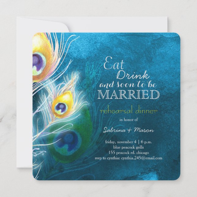 Peacock Blue Elegance Wedding Rehearsal Dinner Invitation (Front)