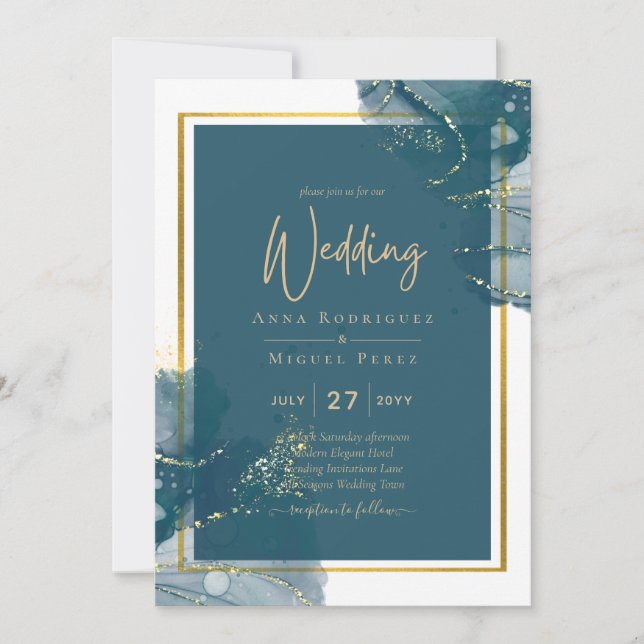 Peacock Blue Gold Alcohol INK Chic Wedding Invite (Front)