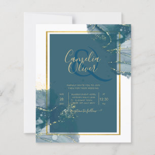Peacock Blue Gold Alcohol INK Chic Wedding Invite
