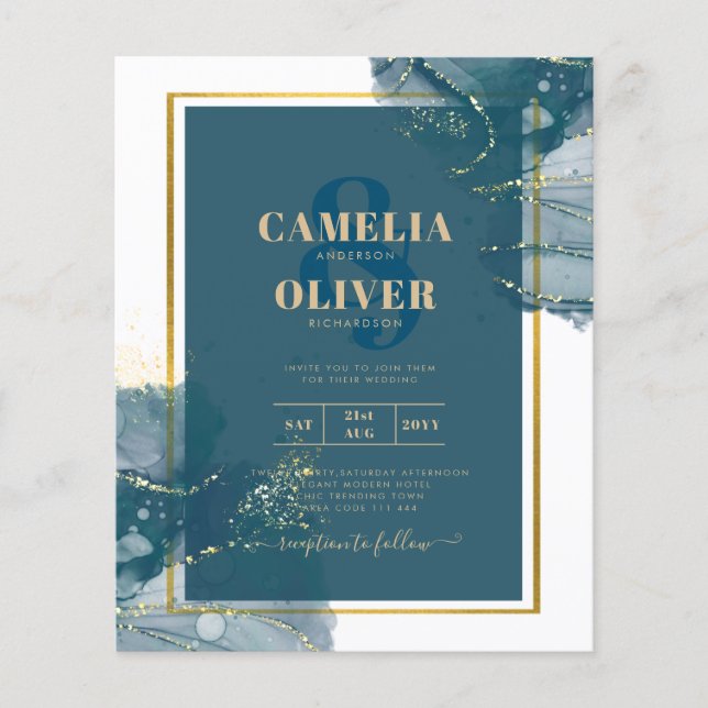 Peacock Blue Gold Alcohol INK Chic Wedding Invite Flyer (Front)