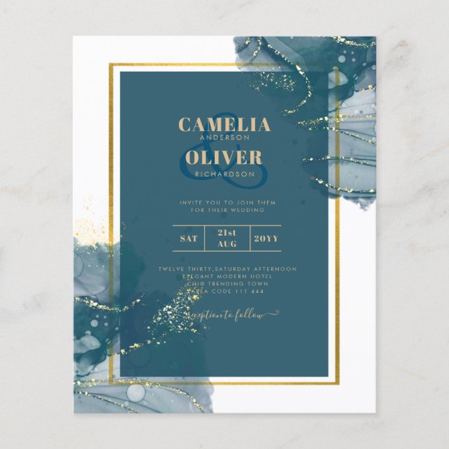 Peacock Blue Gold Alcohol INK Chic Wedding Invite Flyer (Front)