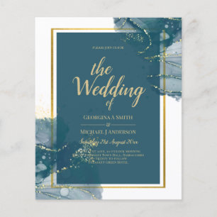 Peacock Blue Gold Alcohol INK Chic Wedding Invite Flyer