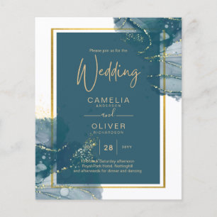Peacock Blue Gold Alcohol INK Chic Wedding Invite Flyer