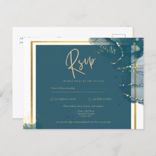 Peacock Blue Gold Alcohol INK Chic Wedding RSVP Postcard