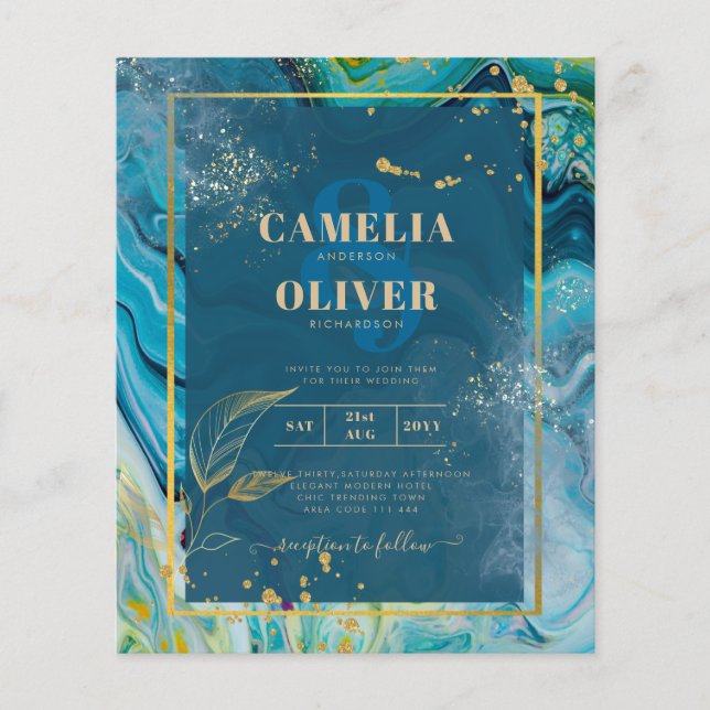 Peacock Blue Gold INK Abstract Wedding  Flyer (Front)