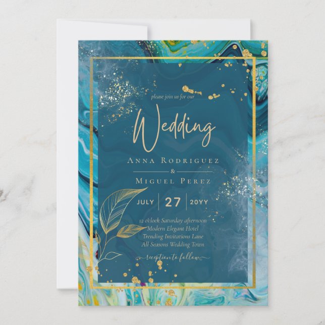 Peacock Blue Gold INK Abstract Wedding  Invitation (Front)