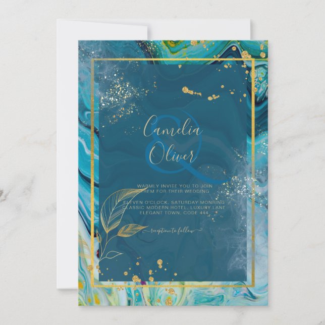 Peacock Blue Gold INK Abstract Wedding  Invitation (Front)
