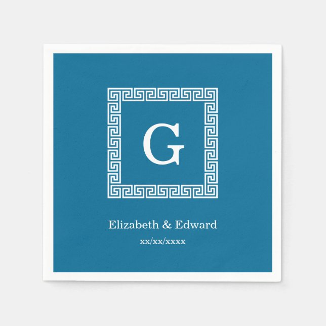 Peacock Blue Greek Key Frame #1 Initial Monogram Napkin (Front)