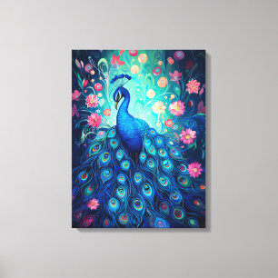 Peacock - Blue Green Aqua Feathers & Pink Flowers Canvas Print