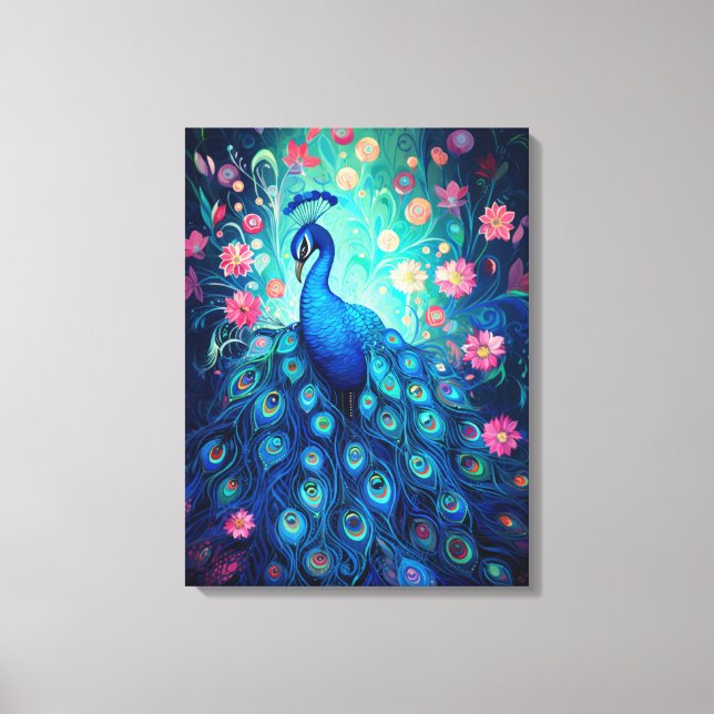 Peacock - Blue Green Aqua Feathers & Pink Flowers Canvas Print (Front)