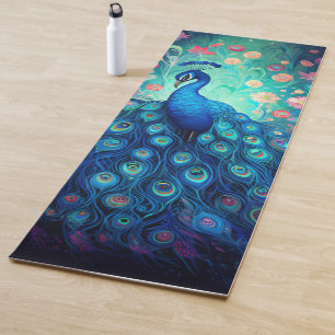 Peacock - Blue Green Aqua Feathers & Pink Flowers Yoga Mat