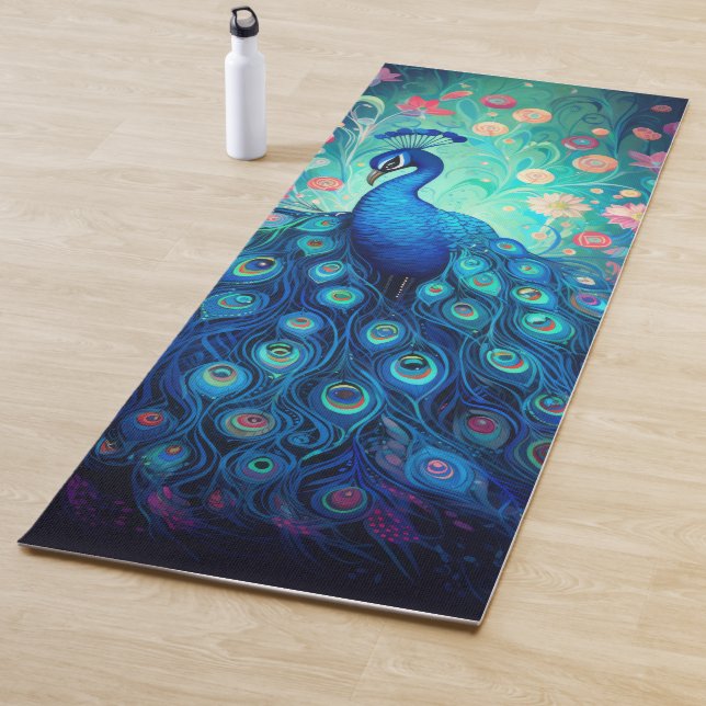 Peacock - Blue Green Aqua Feathers & Pink Flowers Yoga Mat (In Situ)