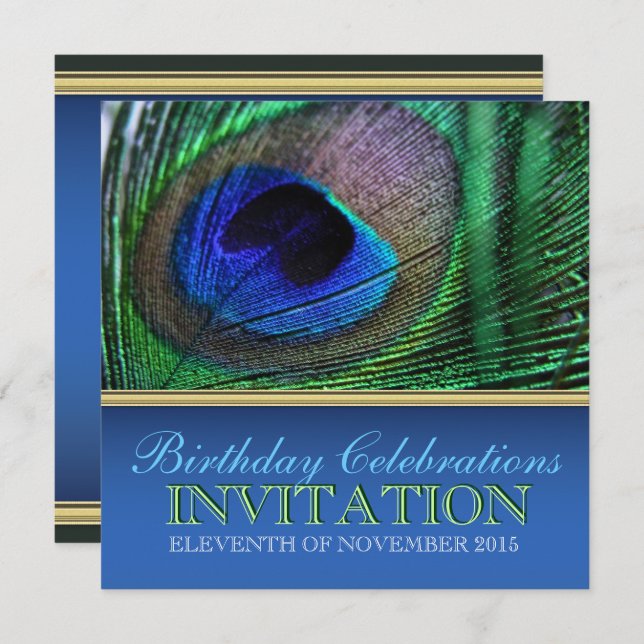 Peacock Blue+Green Feather Birthday Invitations (Front/Back)