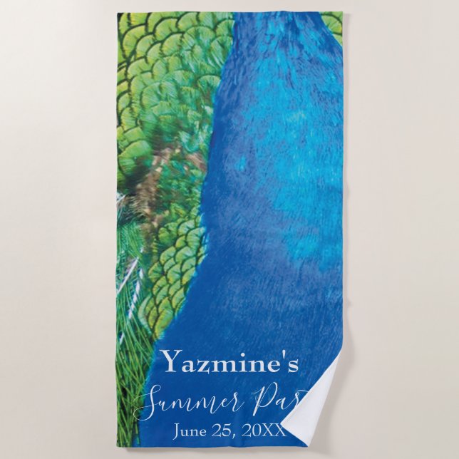 Peacock Blue Green Feather Texture Summer Vibes Be Beach Towel (Front)