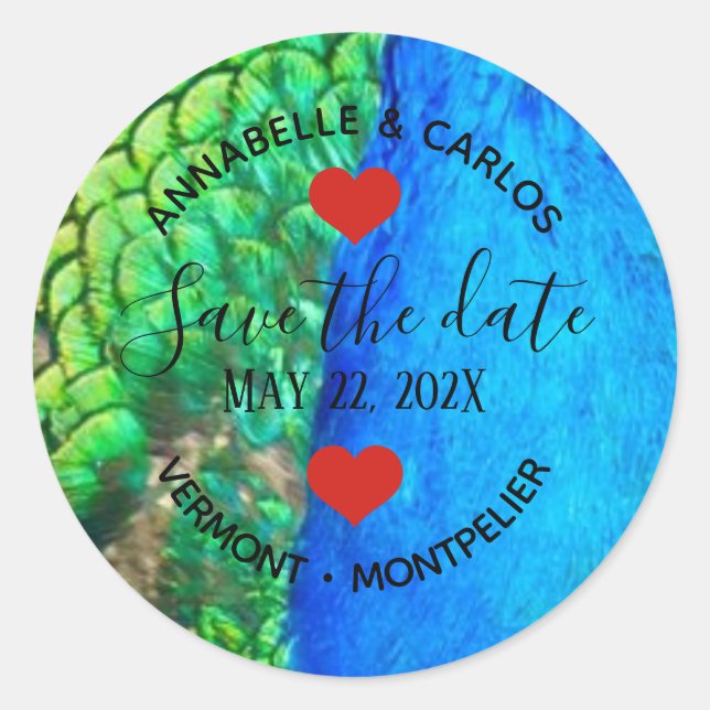 Peacock Blue Green Feather Texture Summer Wedding Classic Round Sticker (Front)