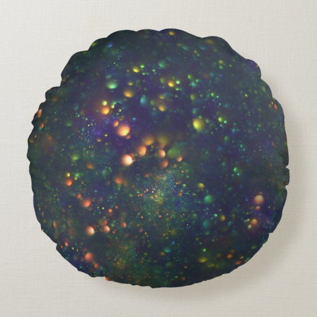Peacock Blue Green Galactic Bokeh Glitter Round Cushion (Front)