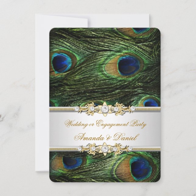Peacock Blue Green Gold Wedding or Engagement Invitation (Front)
