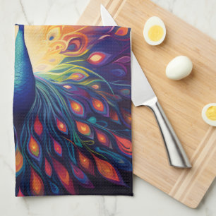 Peacock - Blue Green Pink Orange Yellow Feathers Tea Towel