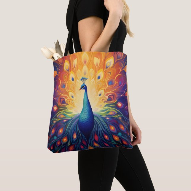 Peacock - Blue Green Pink Orange Yellow Feathers Tote Bag (Close Up)