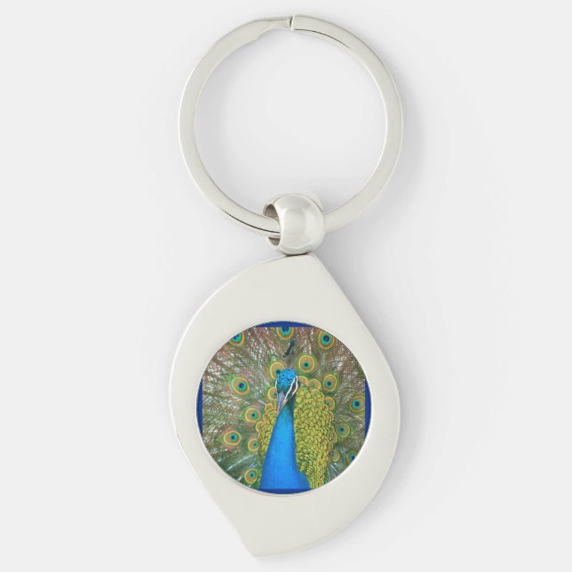 Peacock Blue Head with and Colourful Tail Feathers Key Ring (Front)