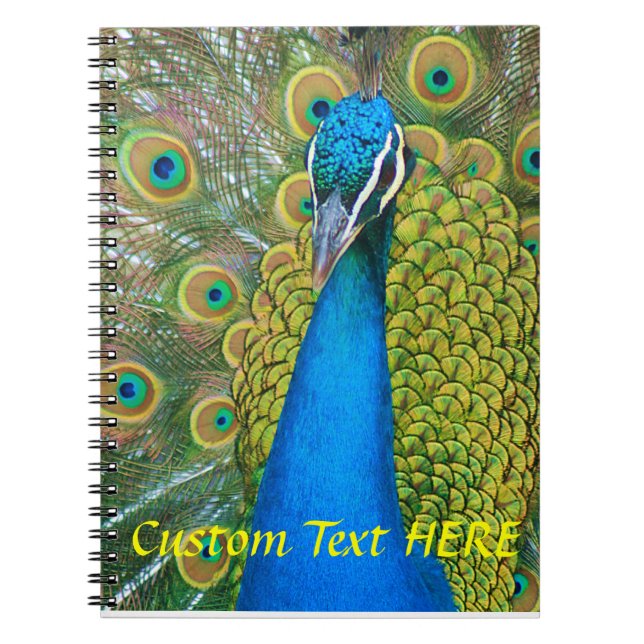 Peacock Blue Head with and Colourful Tail Feathers Spiral Notebook (Front)