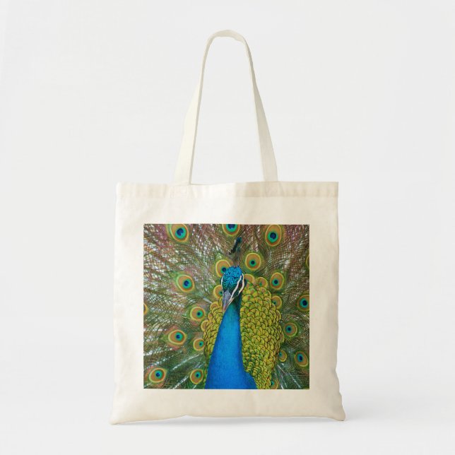 Peacock Blue Head with and Colourful Tail Feathers Tote Bag (Front)