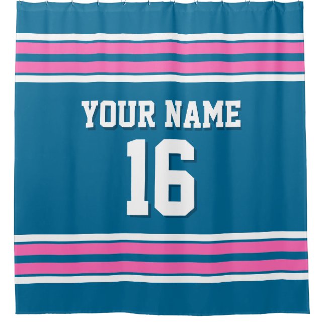 Peacock Blue Hot Pink White Stripes Sports Jersey Shower Curtain (Front)