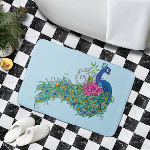 Peacock Blue Lotus Flower Henna Bath Mat