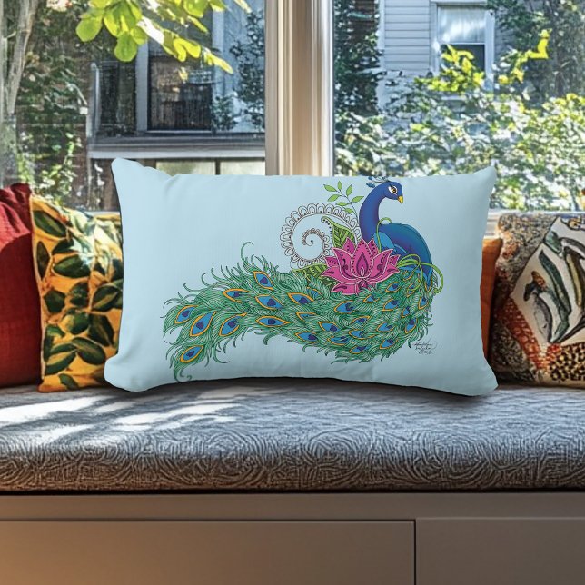 Peacock Blue Lotus Flower Henna Lumbar Cushion (Creator Uploaded)